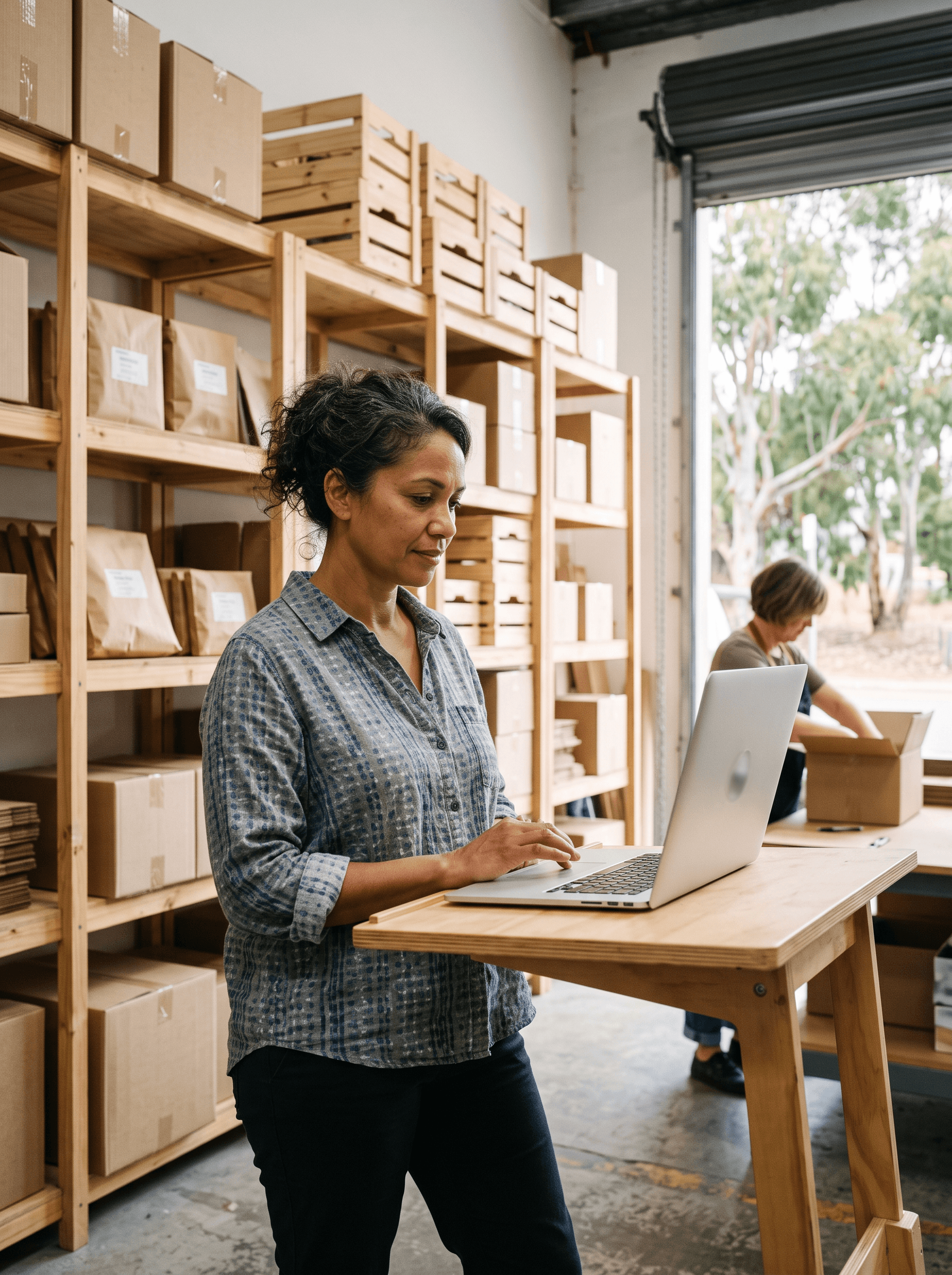 A small-business owner working at a laptop in her warehouse, a colleague packing orders behind her