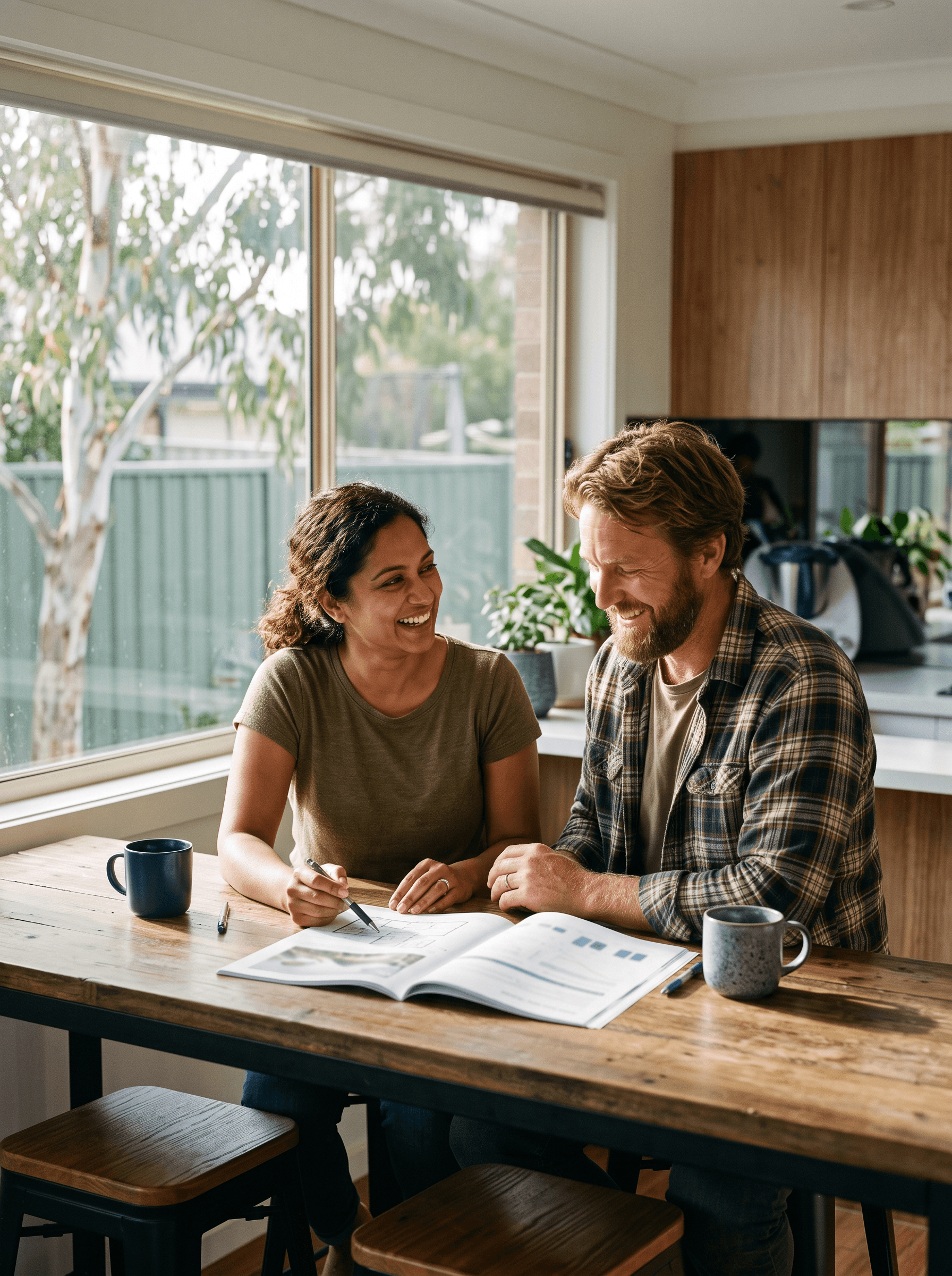 A couple at their kitchen bench, smiling as they go through a printed solar design document together